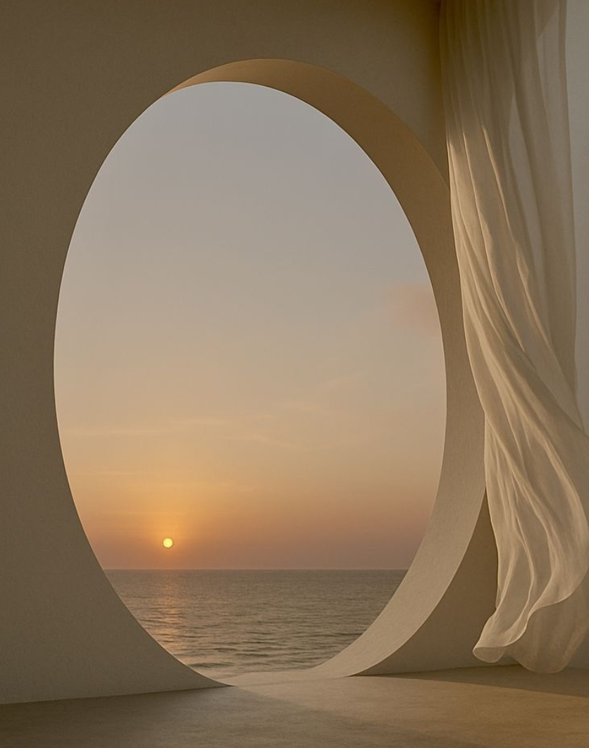 An oval opening looking out to a calm sea at sunset, with a soft curtain moving in the breeze
